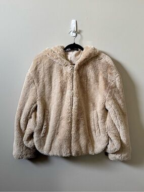 Zara tan zip up oversized soft fuzzy teddy jacket